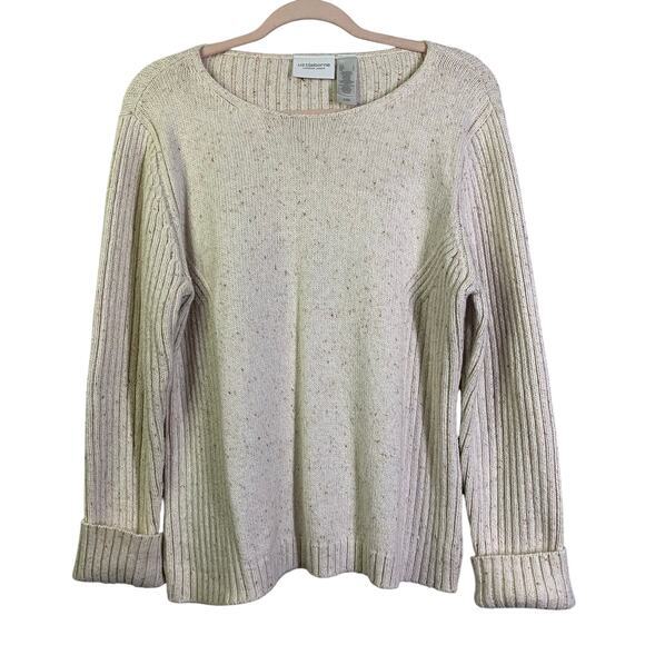 LIZ CLAIBORNE LIZWEAR JEANS Large Cream Moral Ribbed‎ Knit Crew Neck Cotton Wool - Picture 1 of 11